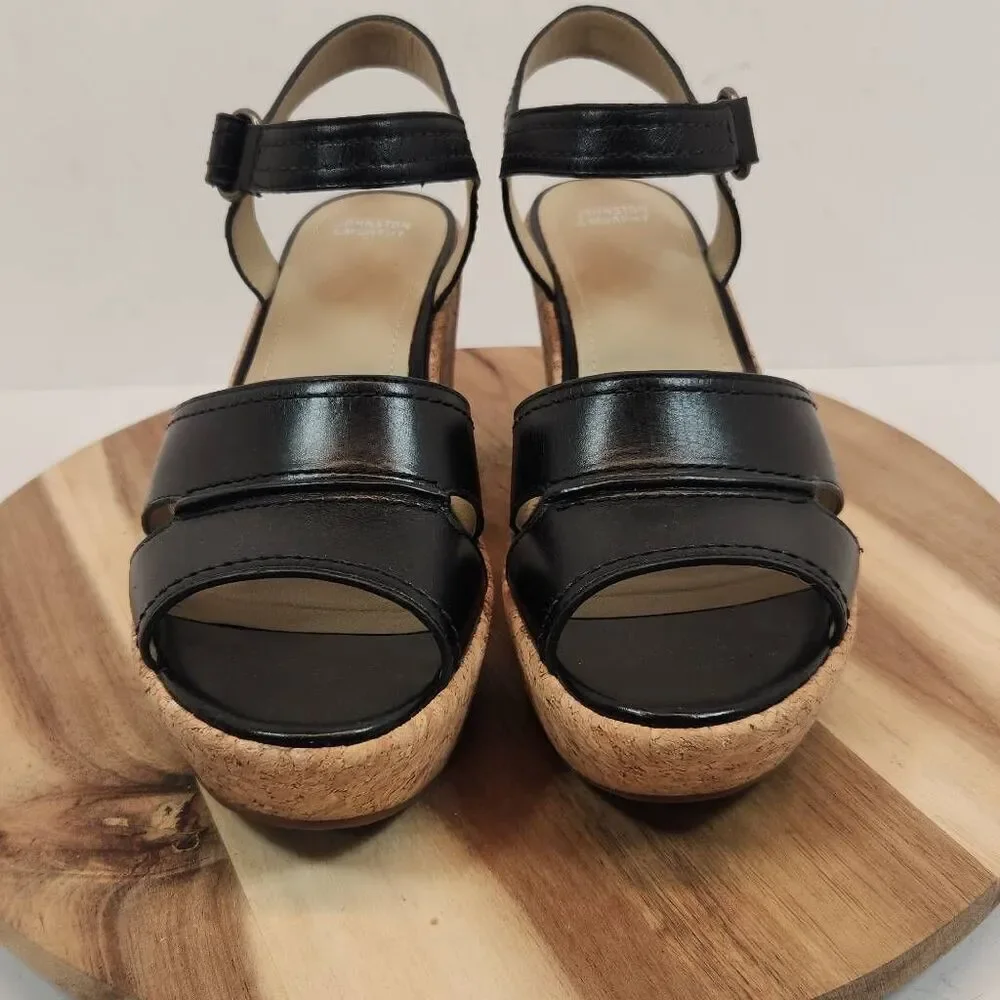 JOHNSTON & MURPHY Alicia Wedge Sandal - Black Leather Women's Size 9